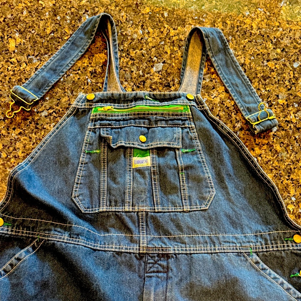 Liberty Blue Denim Bib Overalls with Green and Yellow Details size 44 x 32